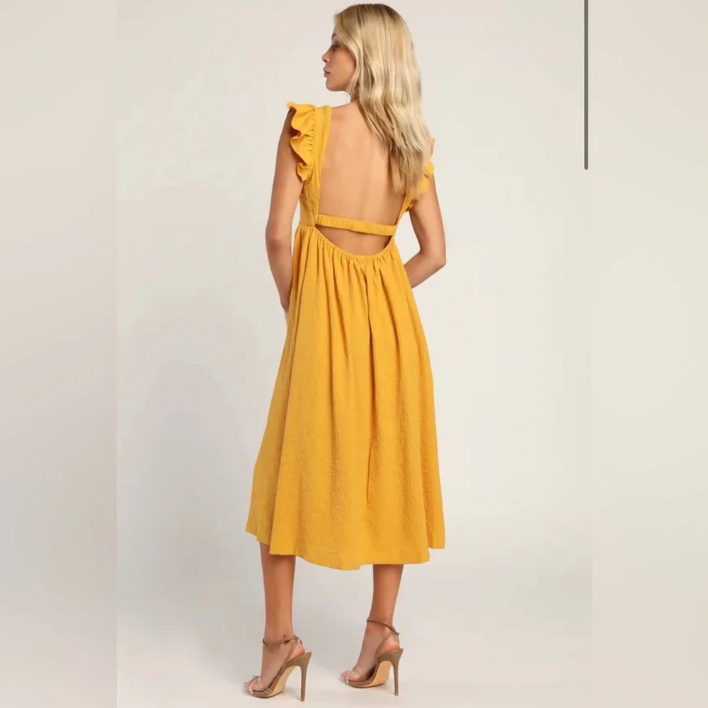 Springtime Splendor Marigold Ruffle Backless Midi Dress - Picture 3 of 5